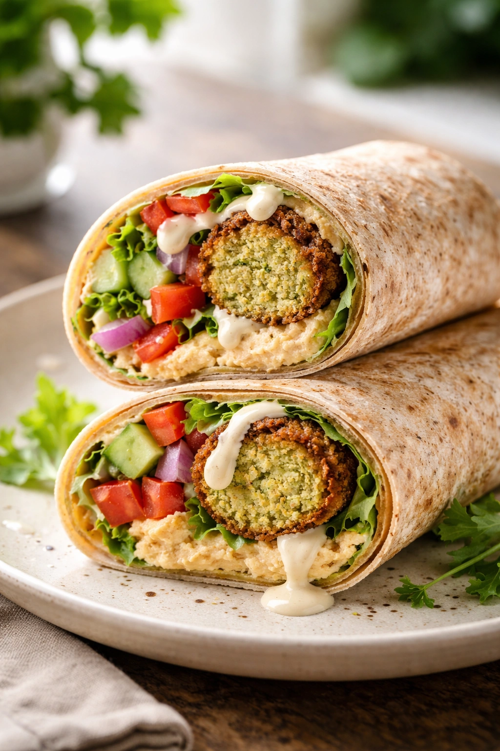 Cross-section of a baked falafel wrap with hummus and vegetables on a plate