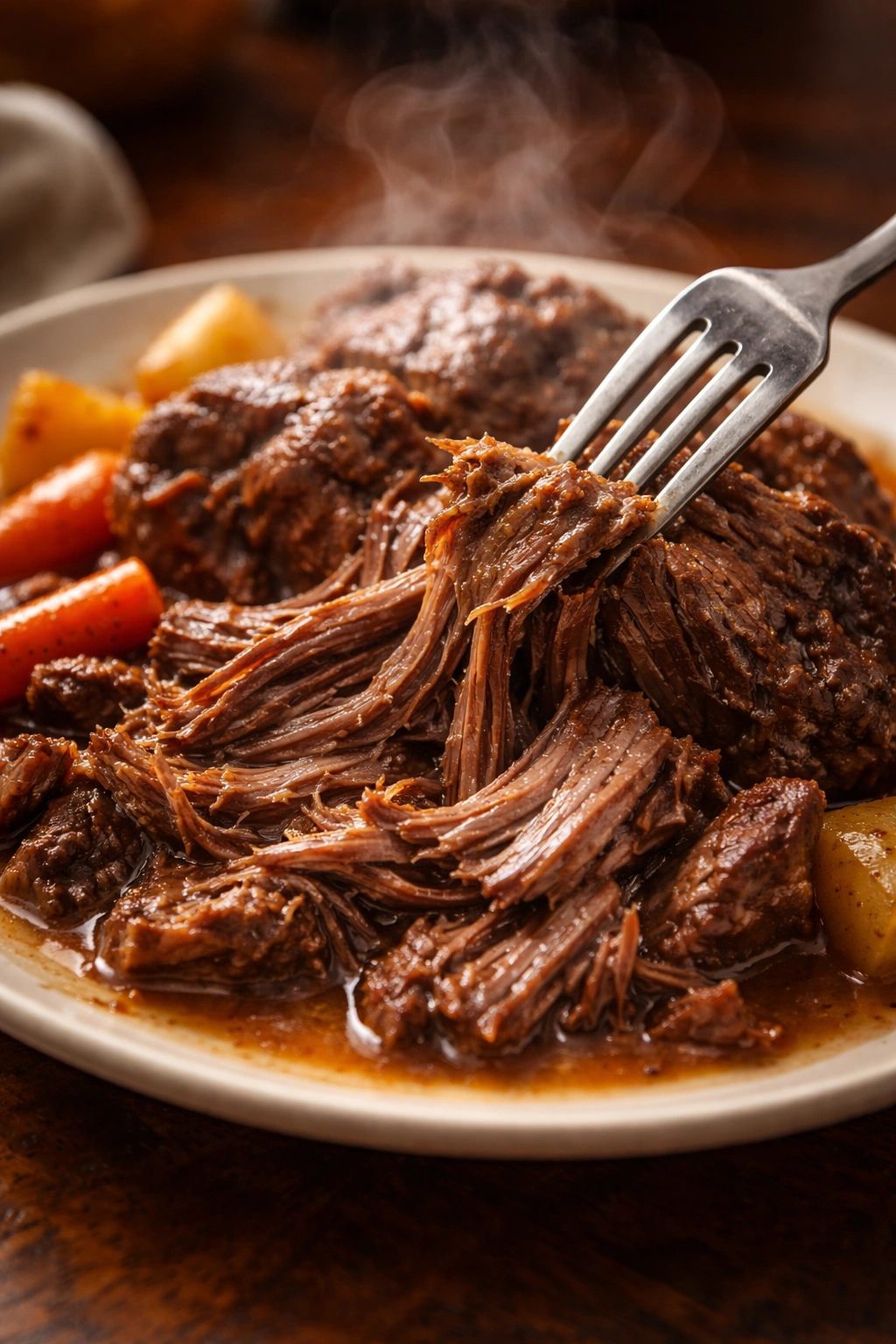 Shredded braised beef showing fall-apart tenderness
