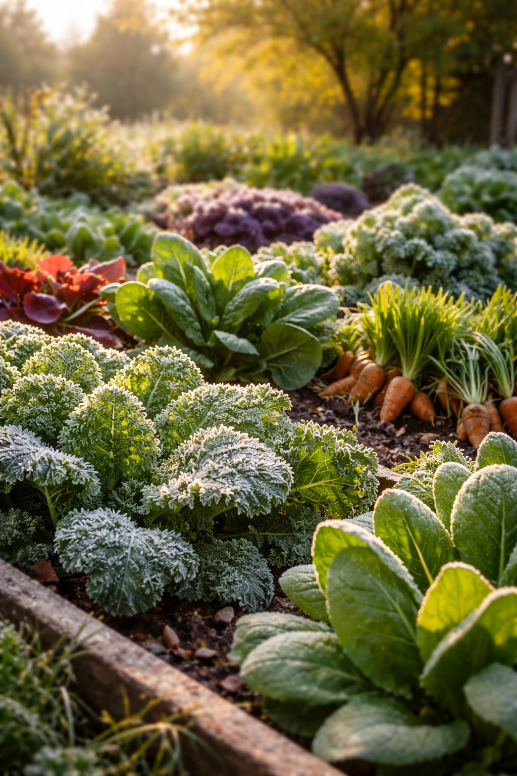 Healthy fall garden with leafy greens thriving in autumn light
