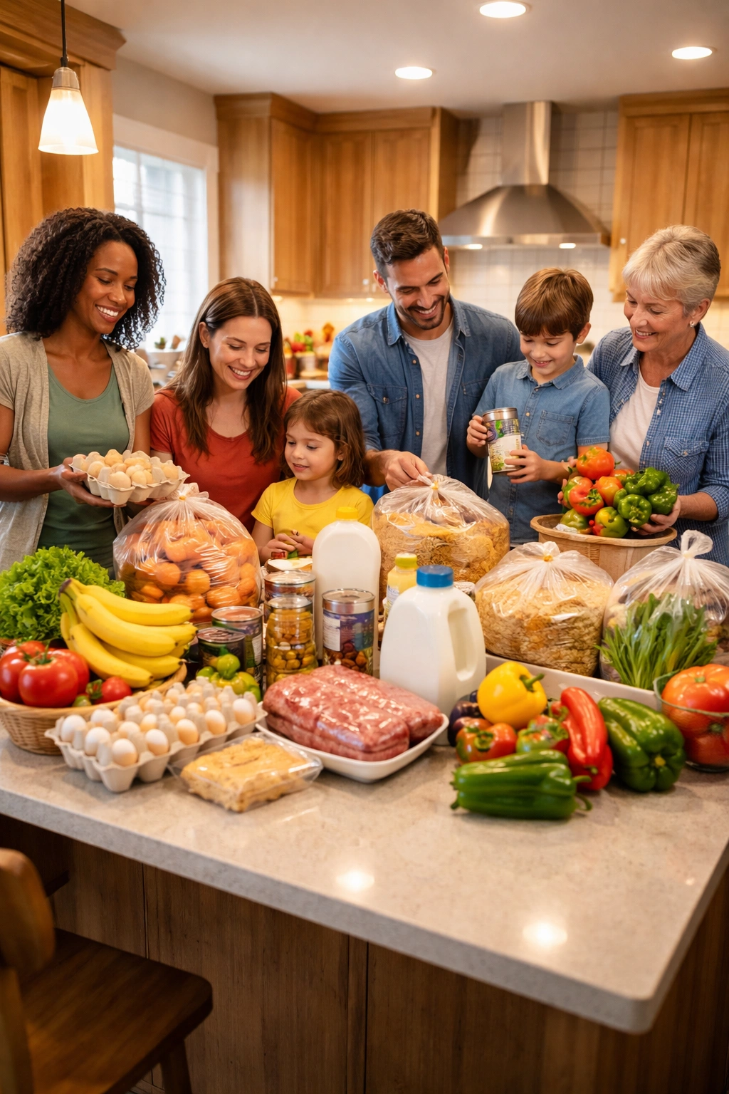 Different Family Sizes silhouettes around unlabeled bulk groceries illustrating family budget planning and bulk shopping.