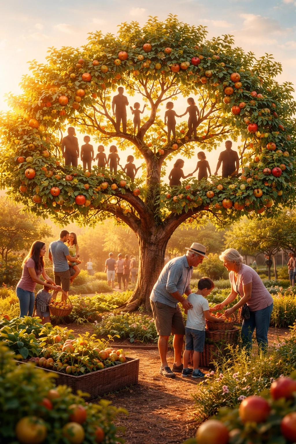 Tree canopy with silhouettes representing family and community engagement in fruit gardening