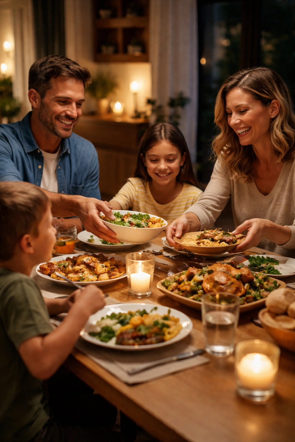 Family dinner around a table with device-free, warm lighting