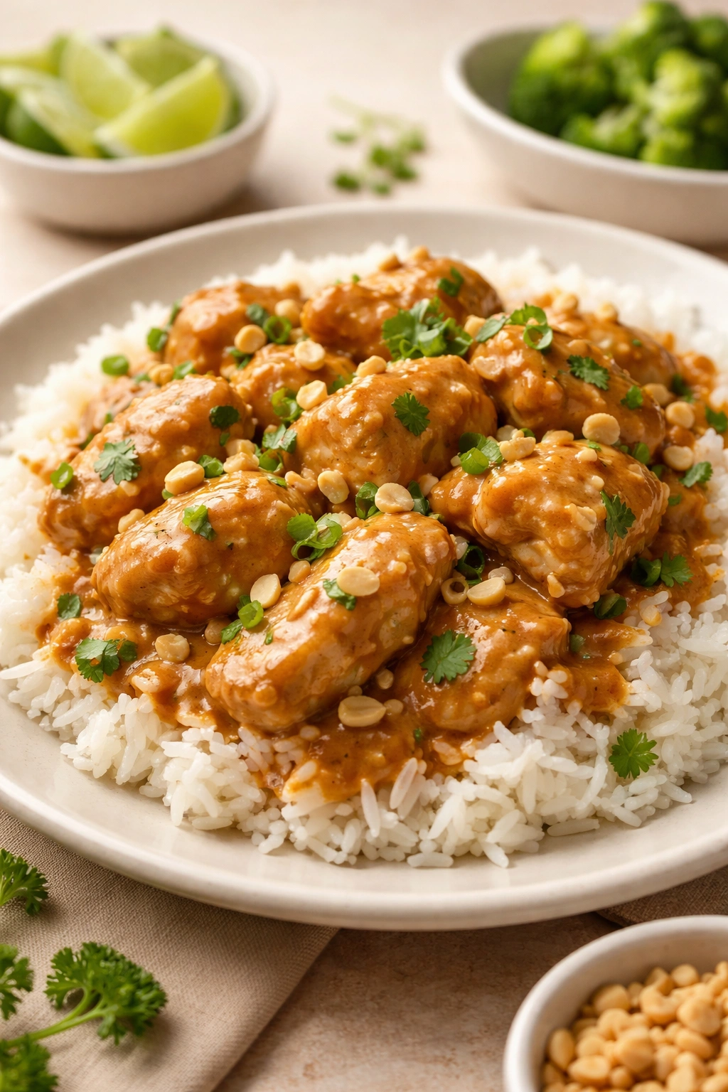 Plate of peanut butter chicken with rice ready for family dinner