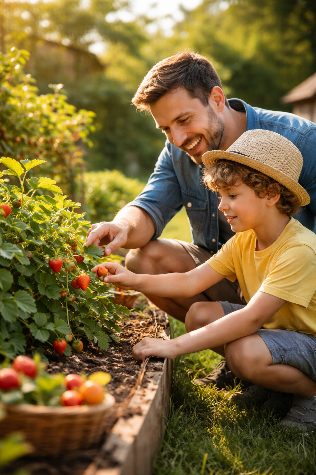 Parent and child gardening together around a fruit plant