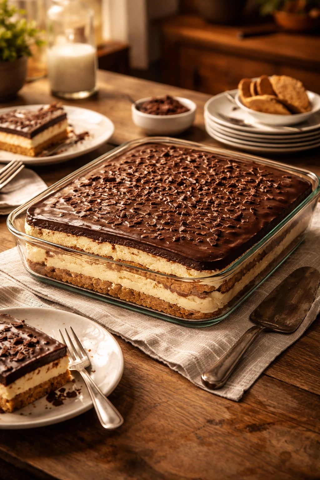 Whole no-bake chocolate eclair cake on rustic kitchen table