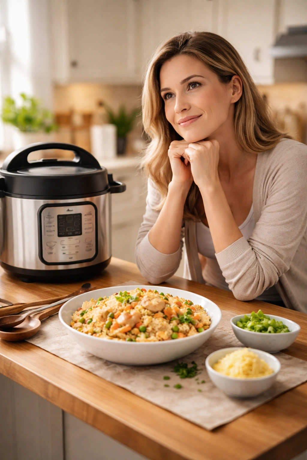 Person thinking in kitchen about Instant Pot chicken and rice