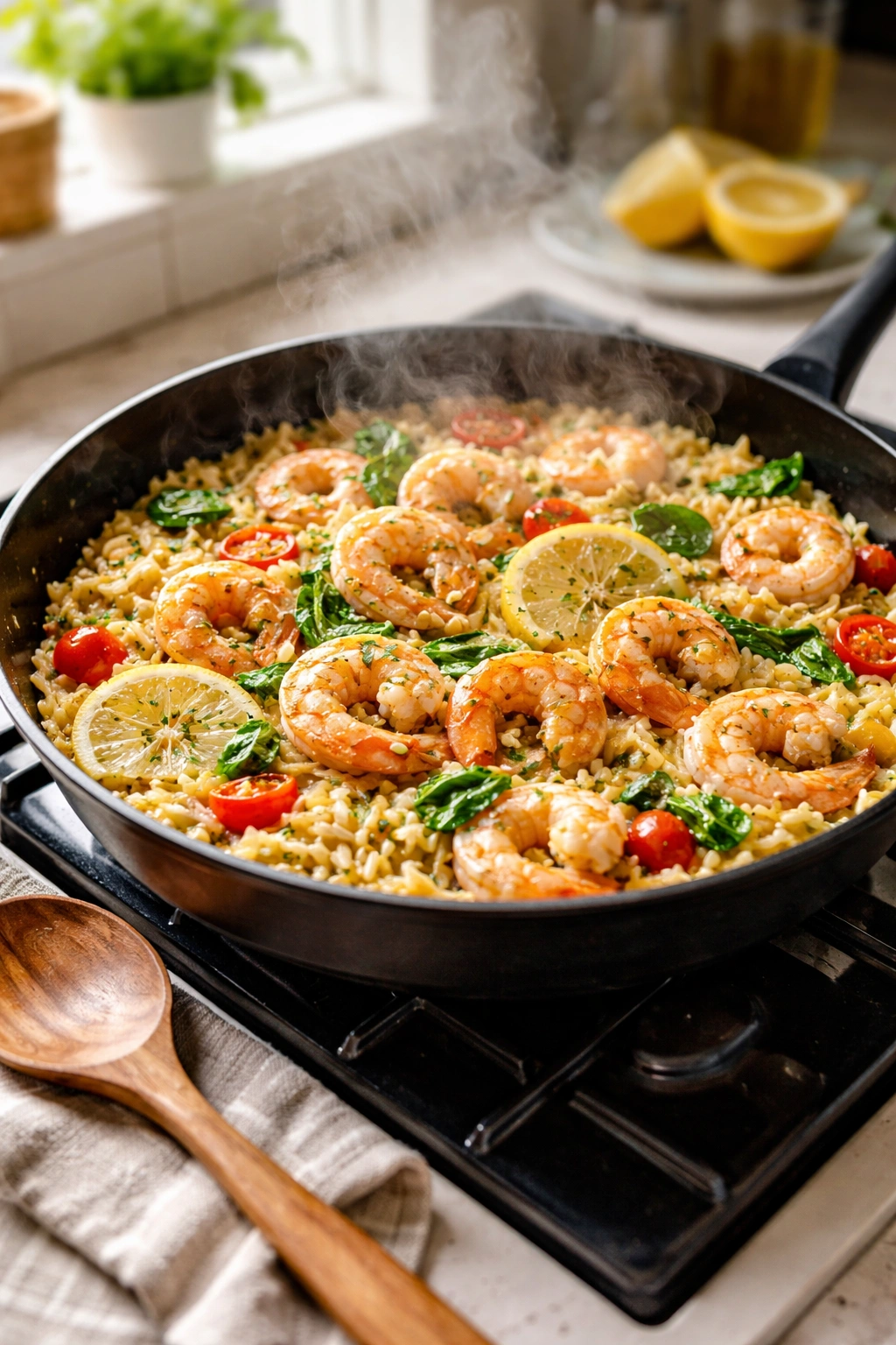 Skillet with shrimp orzo cooking on a stove