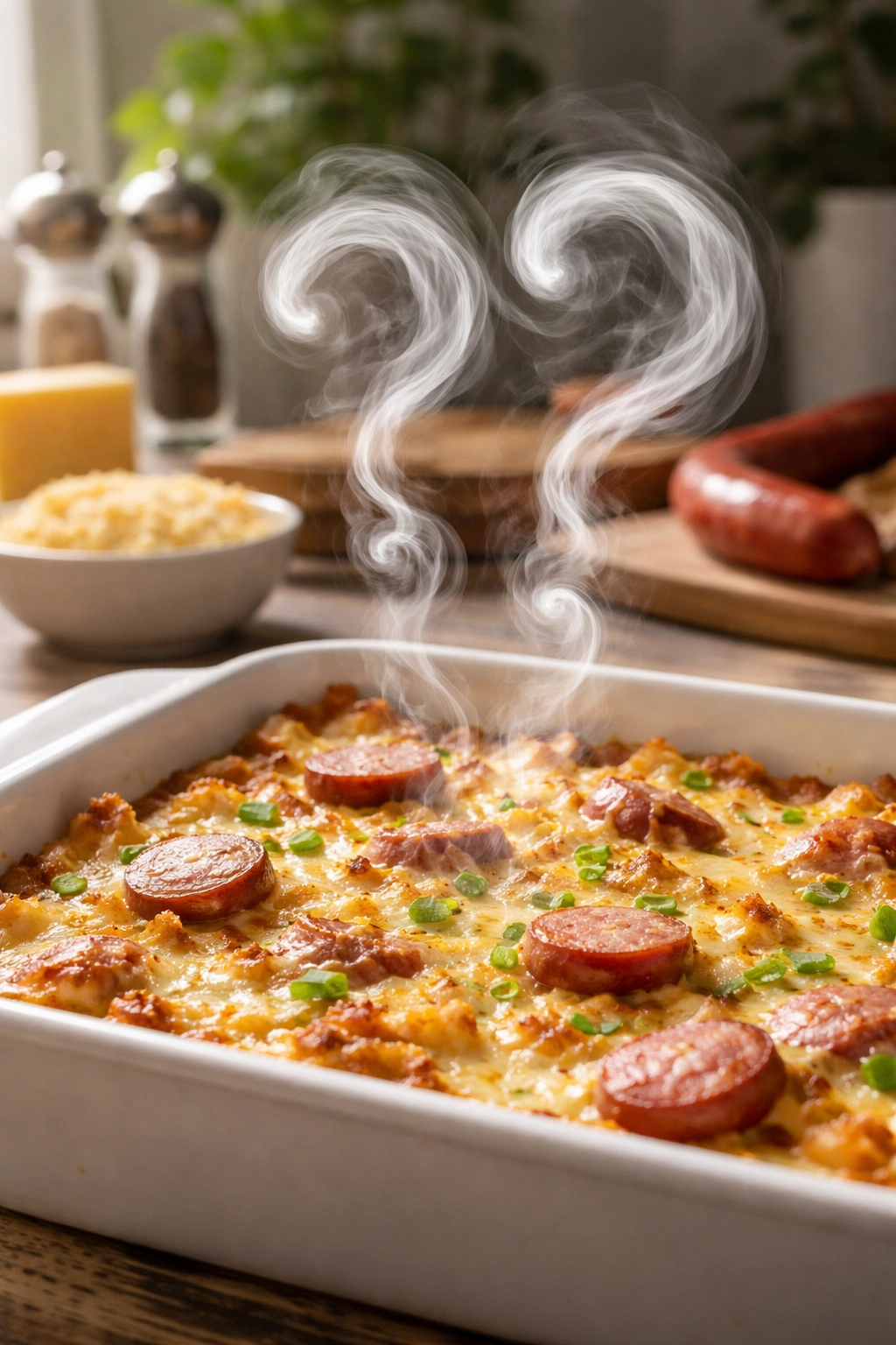 FAQ concept steam with question marks over a clean kitchen counter, no text, related to smoked sausage hash brown casserole