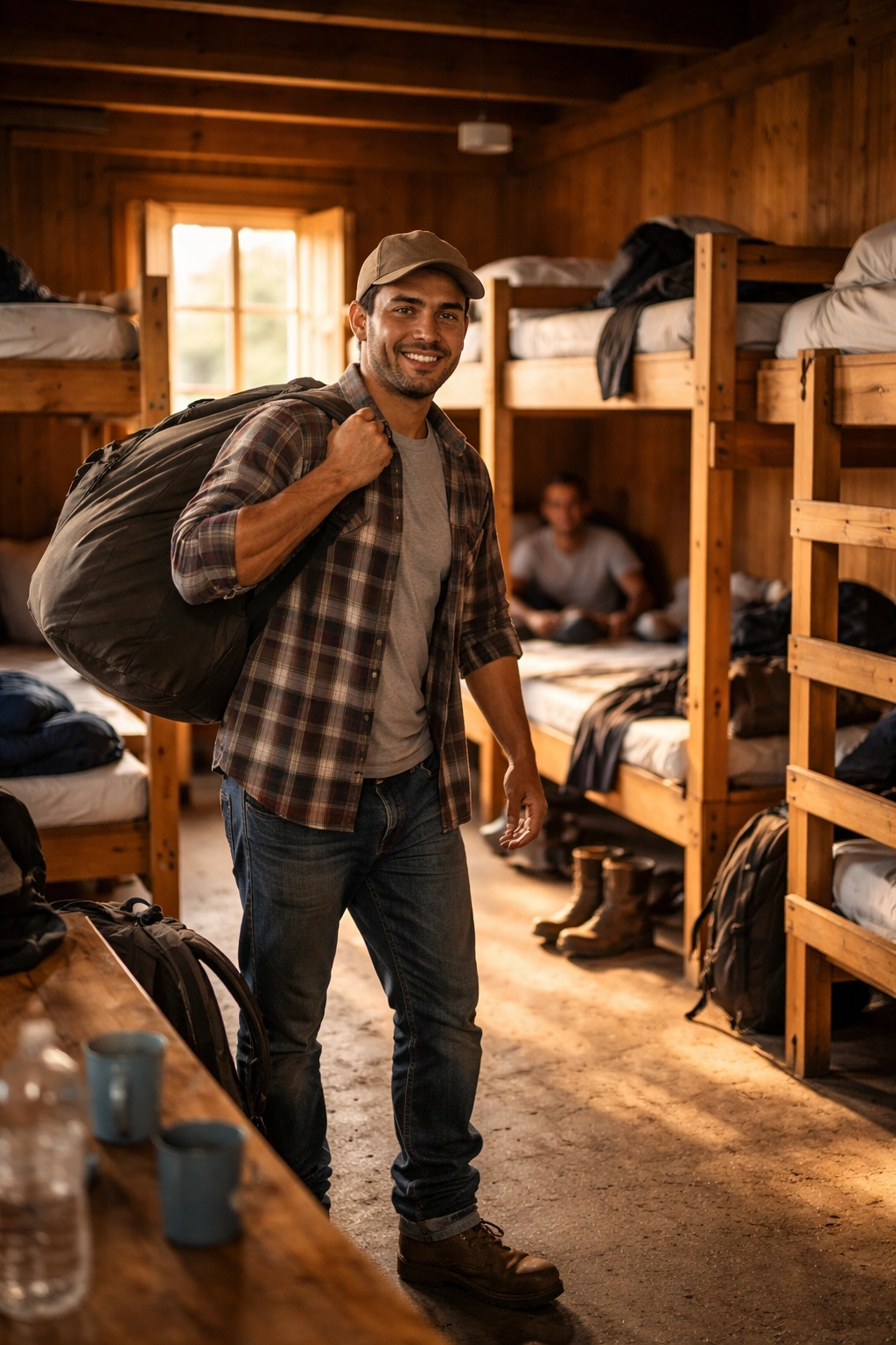Farm worker in a bunkhouse showing shared beds and kitchenette