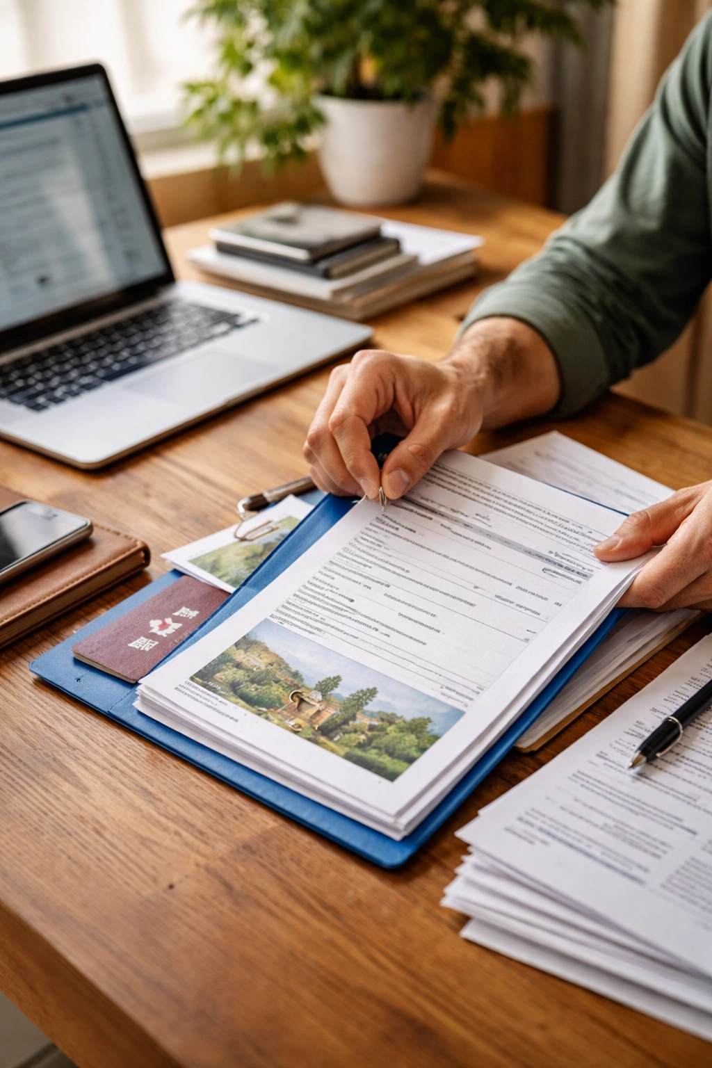 Person organizing application documents at desk