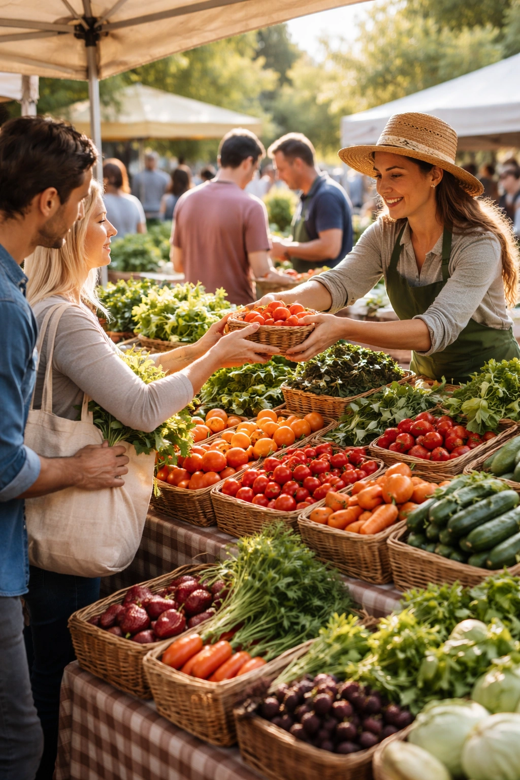 Farmers market stand with colorful produce and customers outdoors