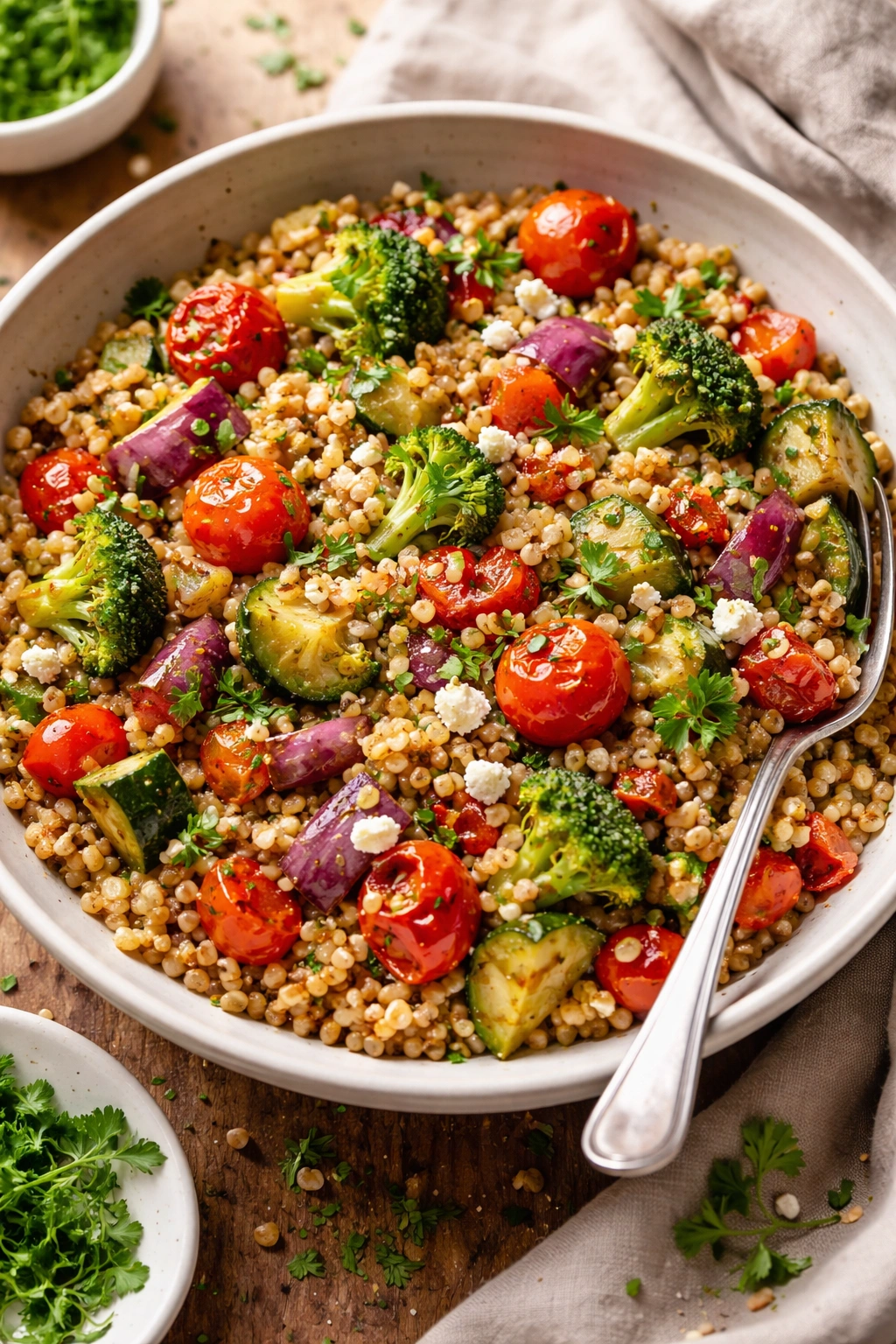 Farro salad with roasted vegetables and vinaigrette in a bowl
