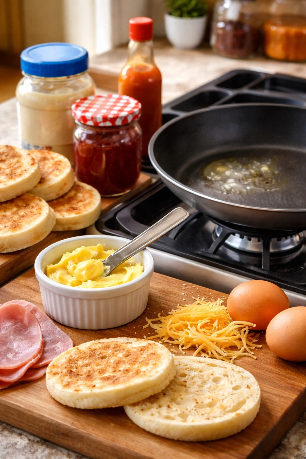 Counter with butter, spreads, and nonstick skillet ready for fast assembly