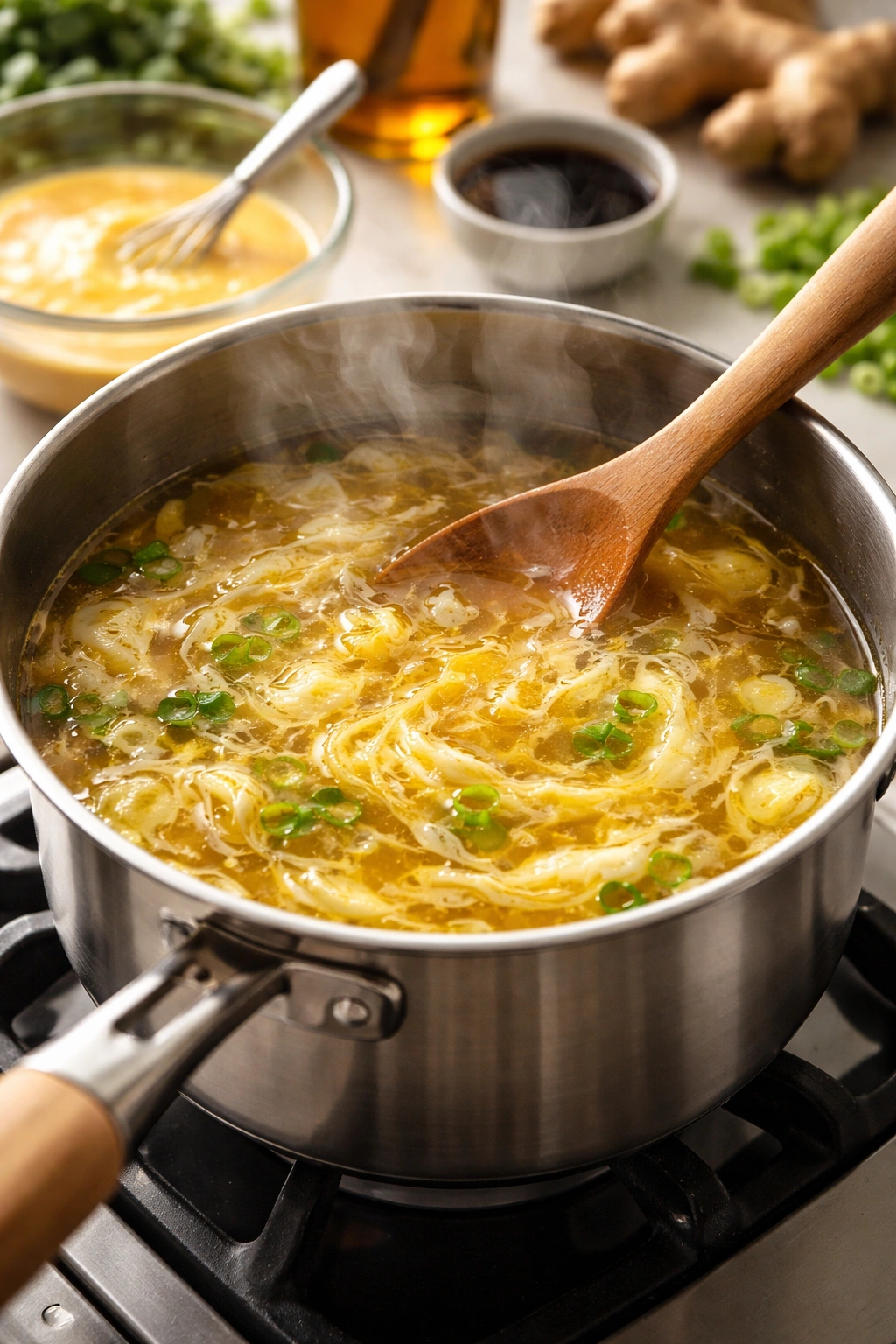 Steaming egg drop soup in a small pot on the stove