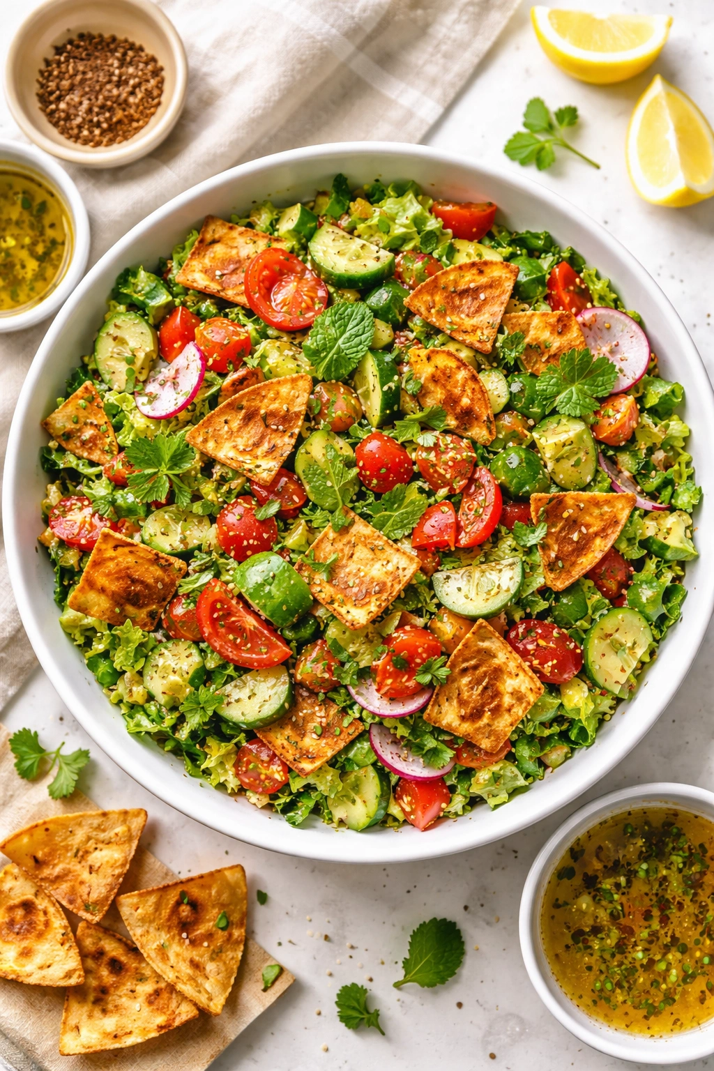 Fattoush salad with crispy pita chips on a bright background