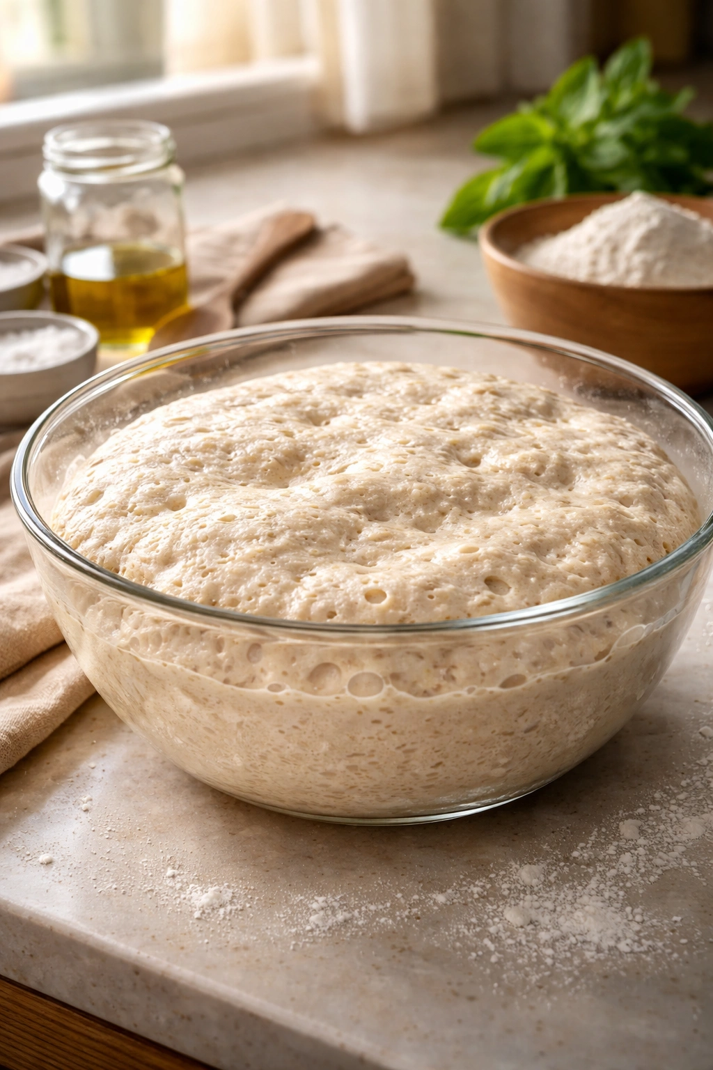 Dough fermenting in a glass bowl with visible bubbles