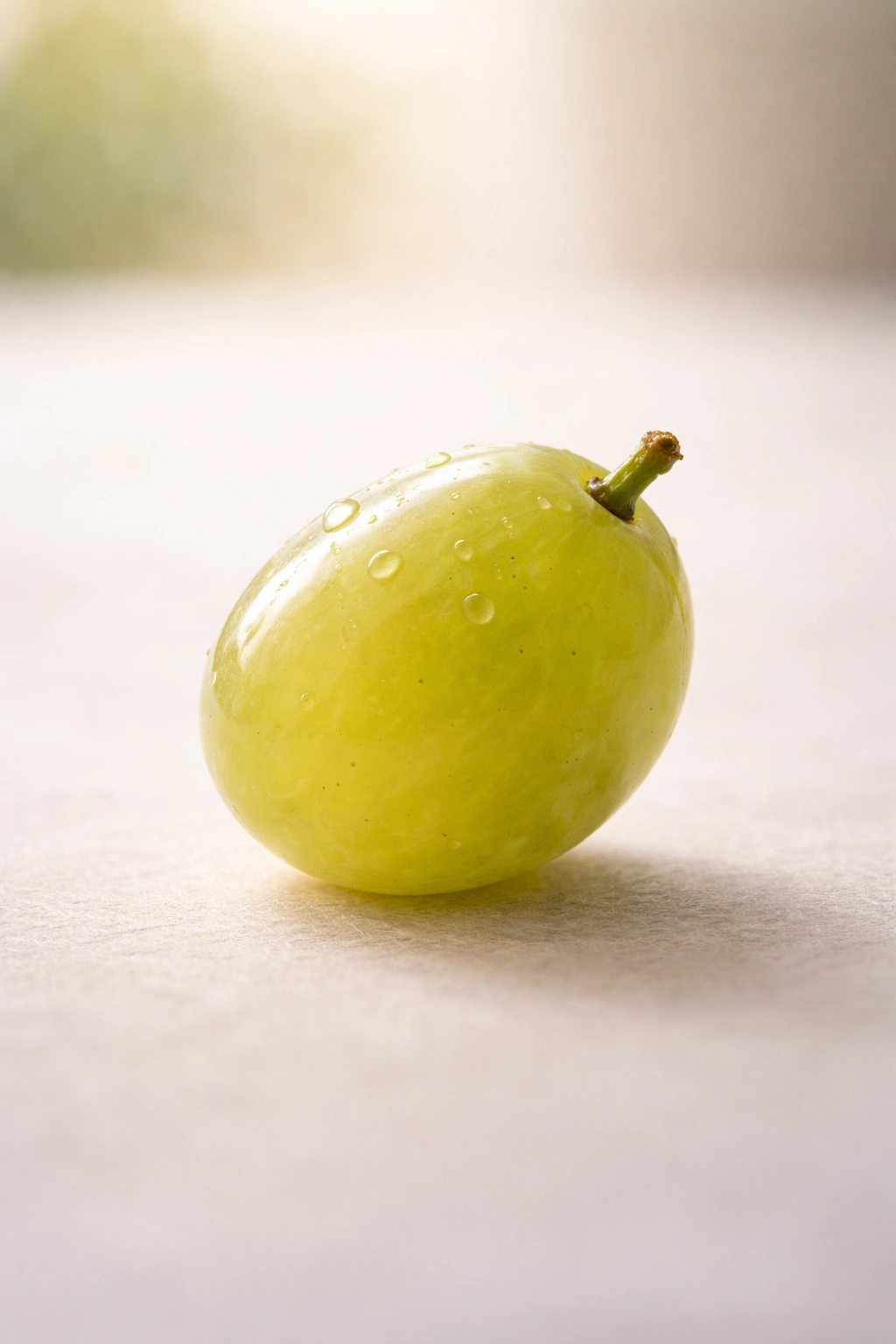 Single seedless grape on a plain background with soft lighting
