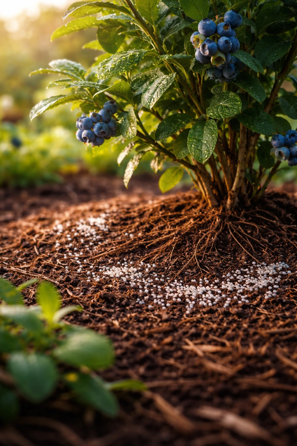 Mulched fruit shrub bed shows rich soil and healthy roots