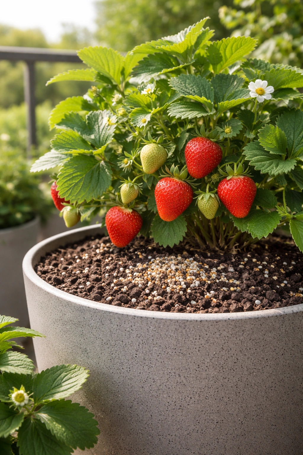 Close-up of container fruit plant with fertilizer granules on soil surface