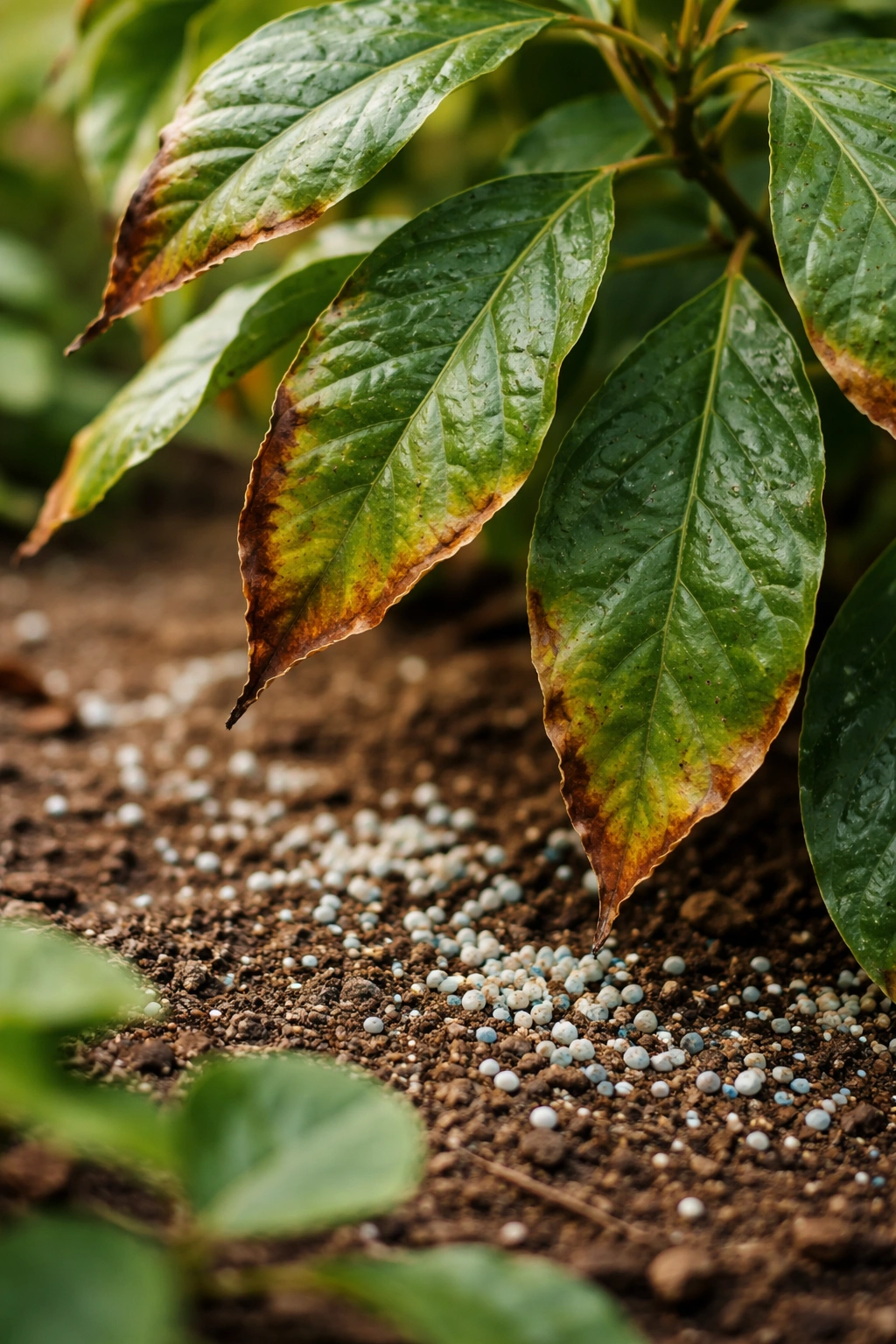 Avocado leaves with burn margins and fertilizer granules on soil surface