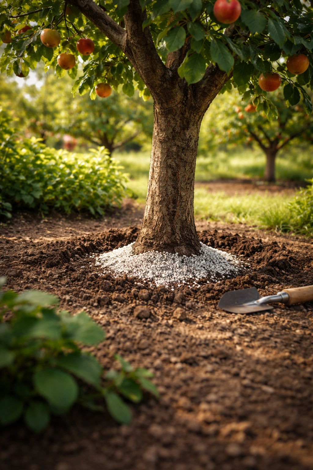 Fruit tree showing fertilizer pellets at trunk to illustrate common fertilization mistakes