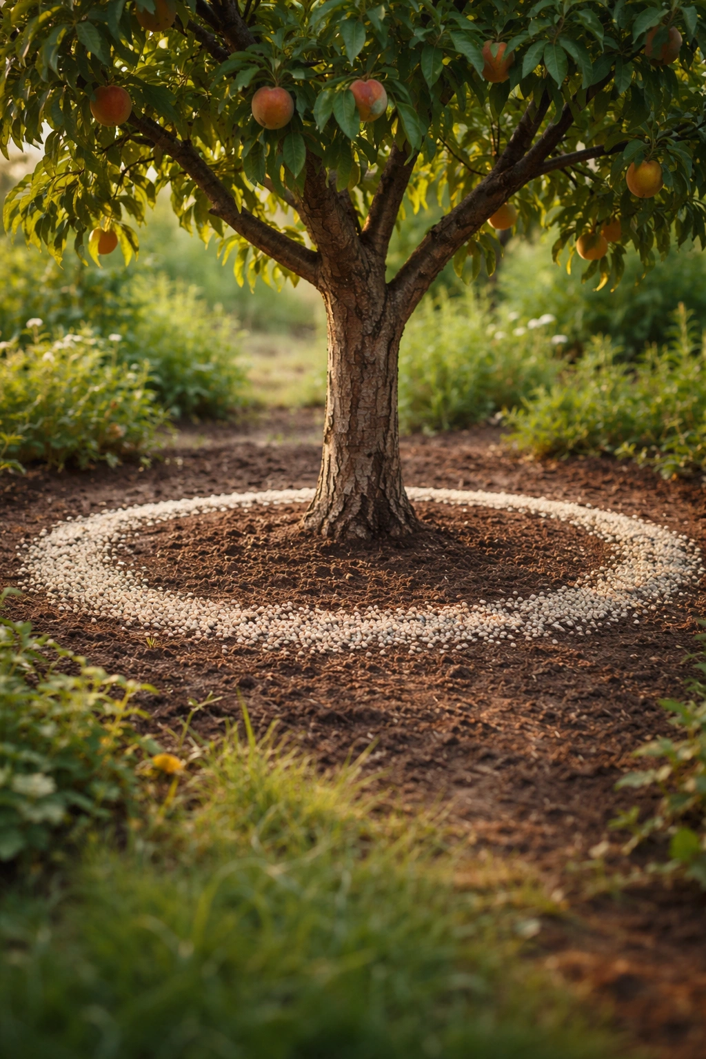 Fertilizer granules evenly spread around the drip line of a fruit tree