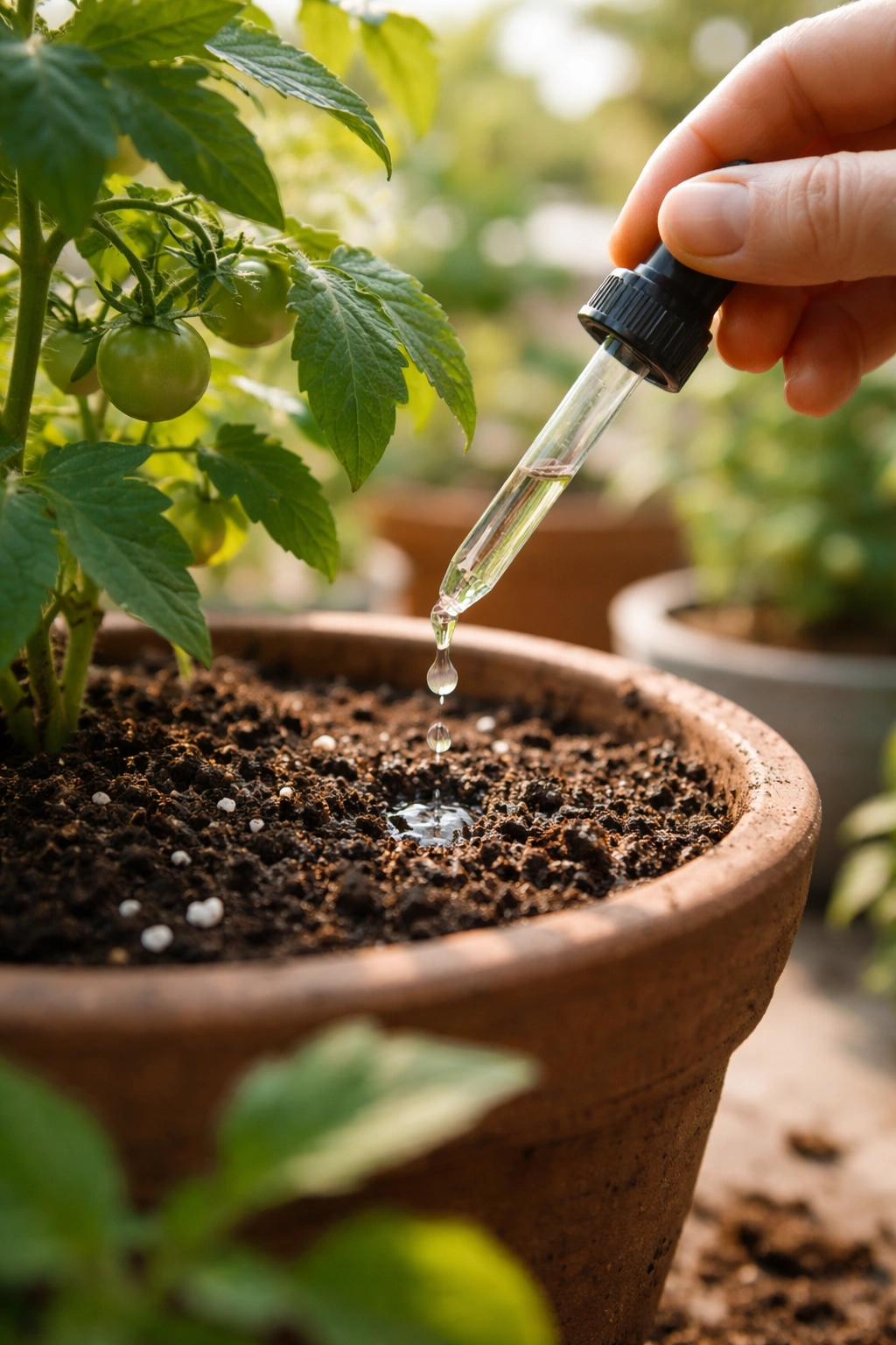 Droplets of liquid fertilizer entering soil of a pot plant