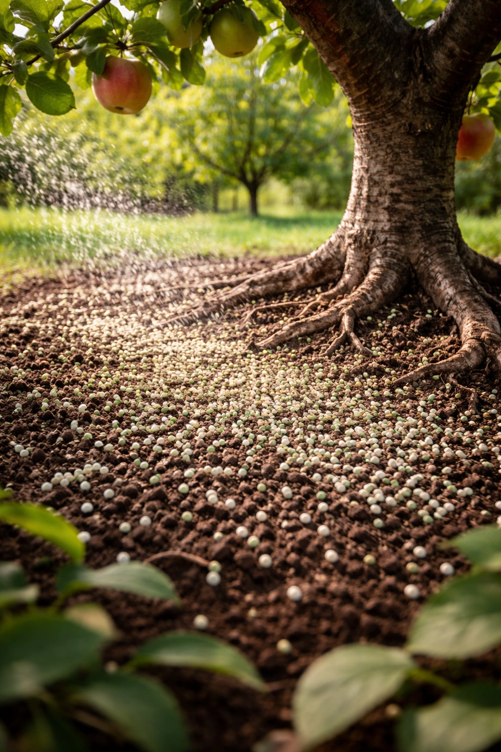 Granular fertilizer spread under a fruit tree canopy