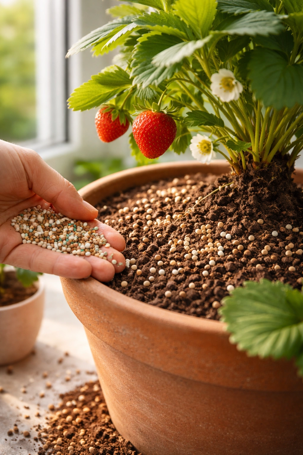 Hand applying granular fertilizer to soil in a pot for fruit production.