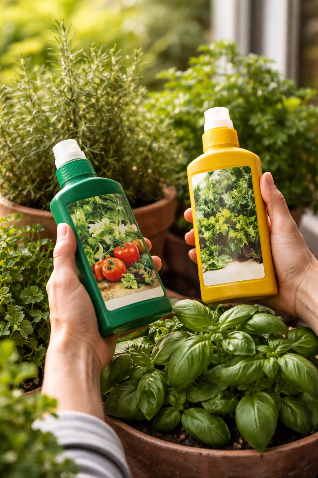 Hand selecting between two fertilizer bottles beside a thriving herb plant