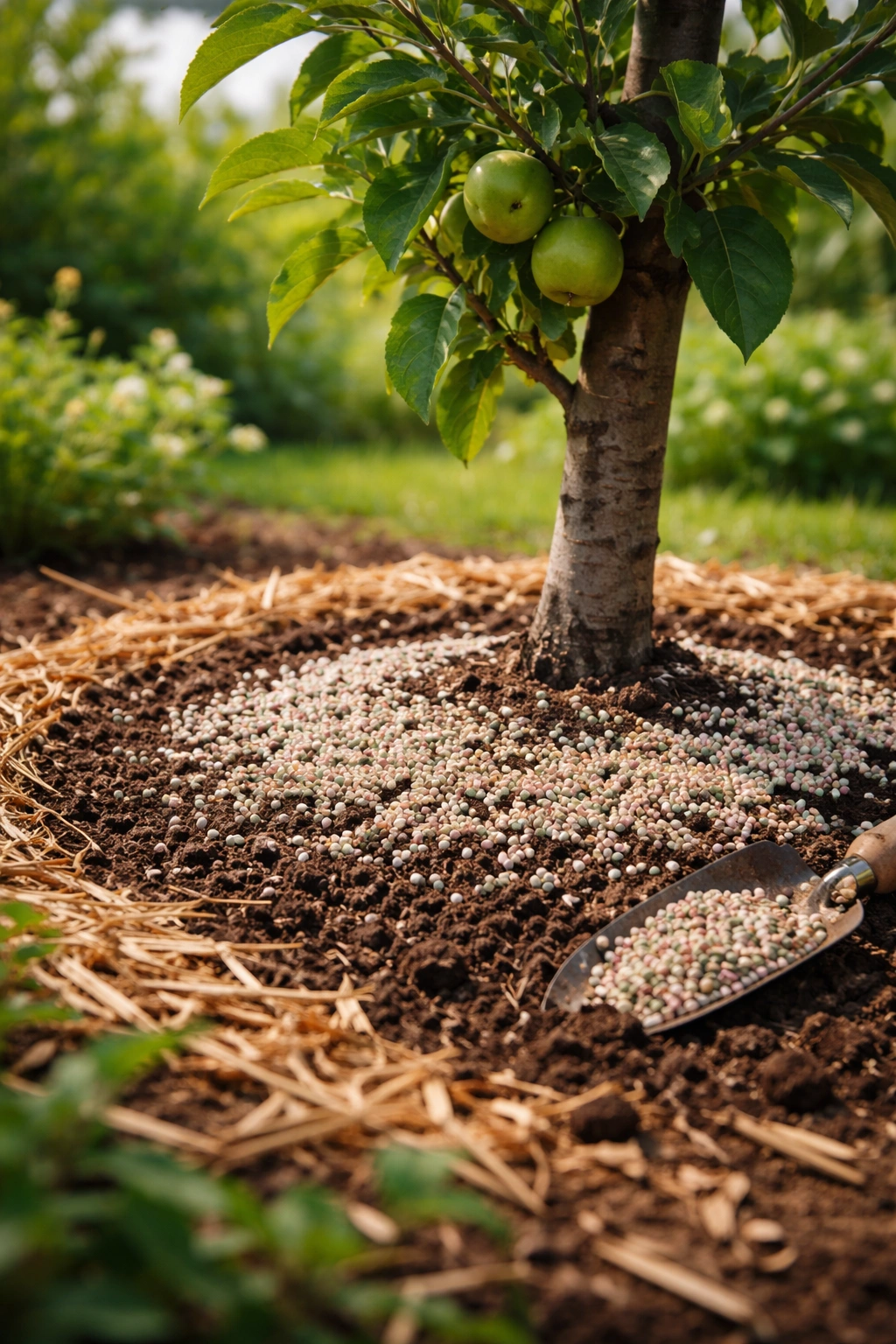 Soil around a young fruit tree with granular fertilizer on the surface