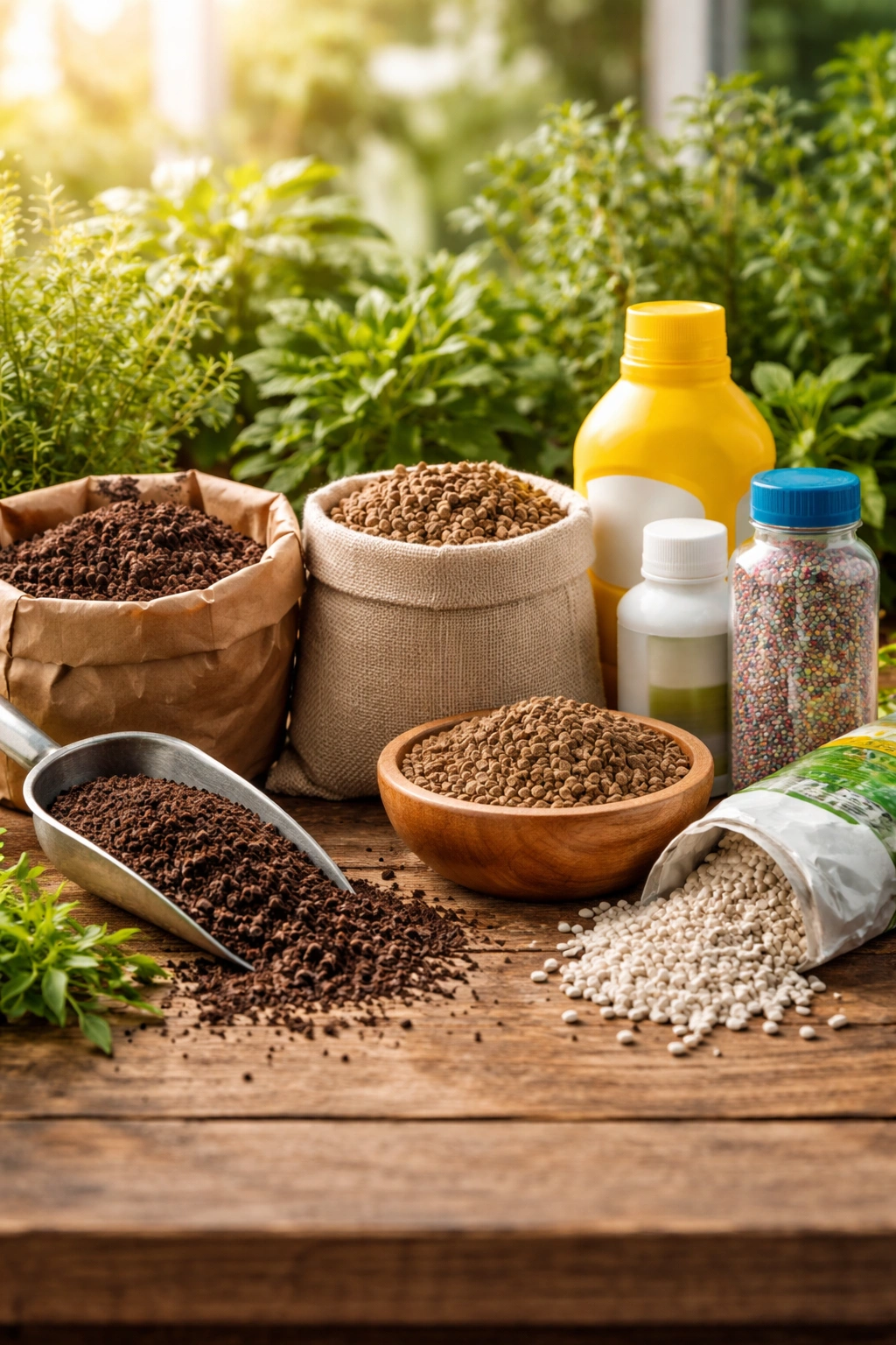 Assorted fertilizer containers without labels showing organic and synthetic formats