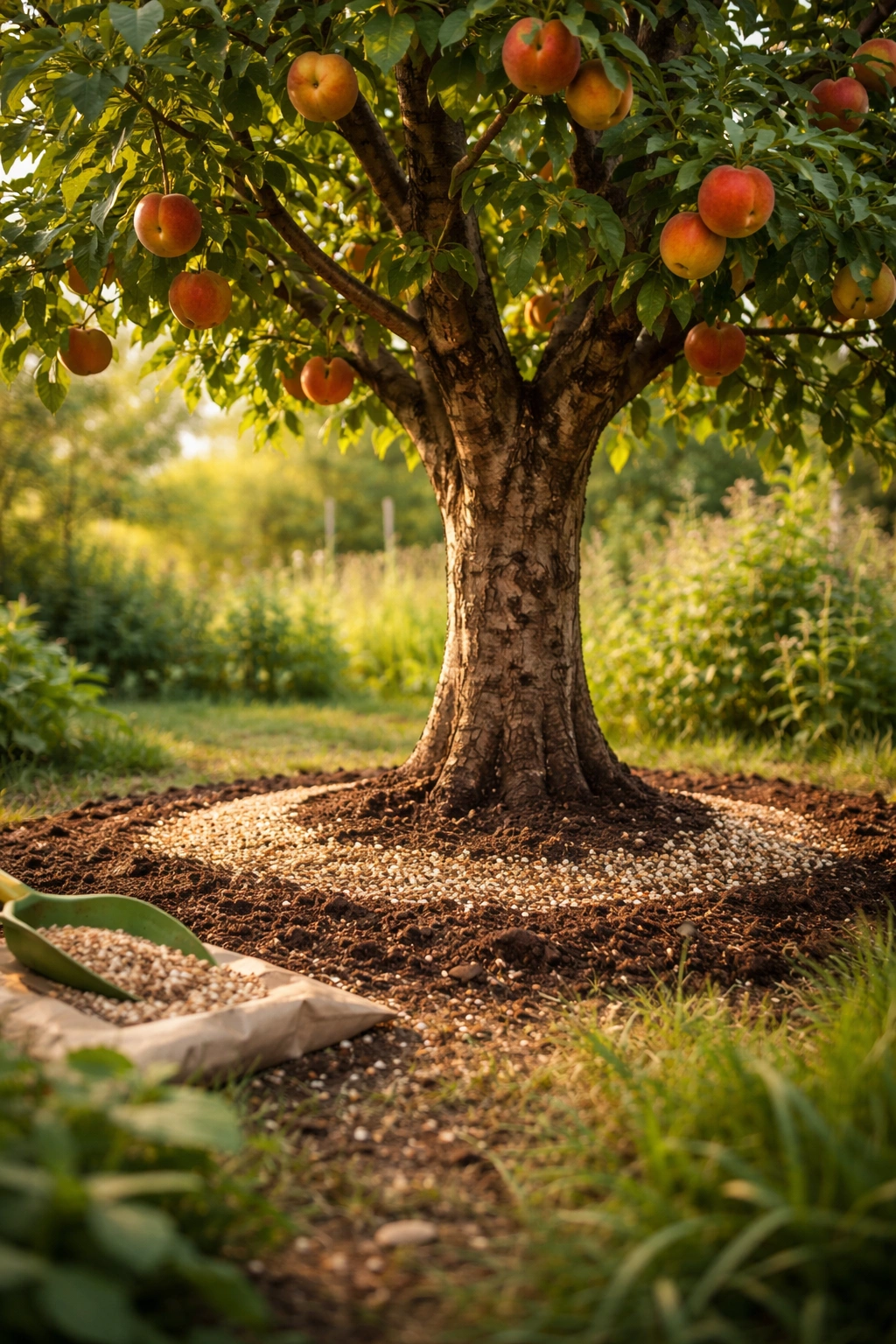 Mature fruit tree with granules around the base.