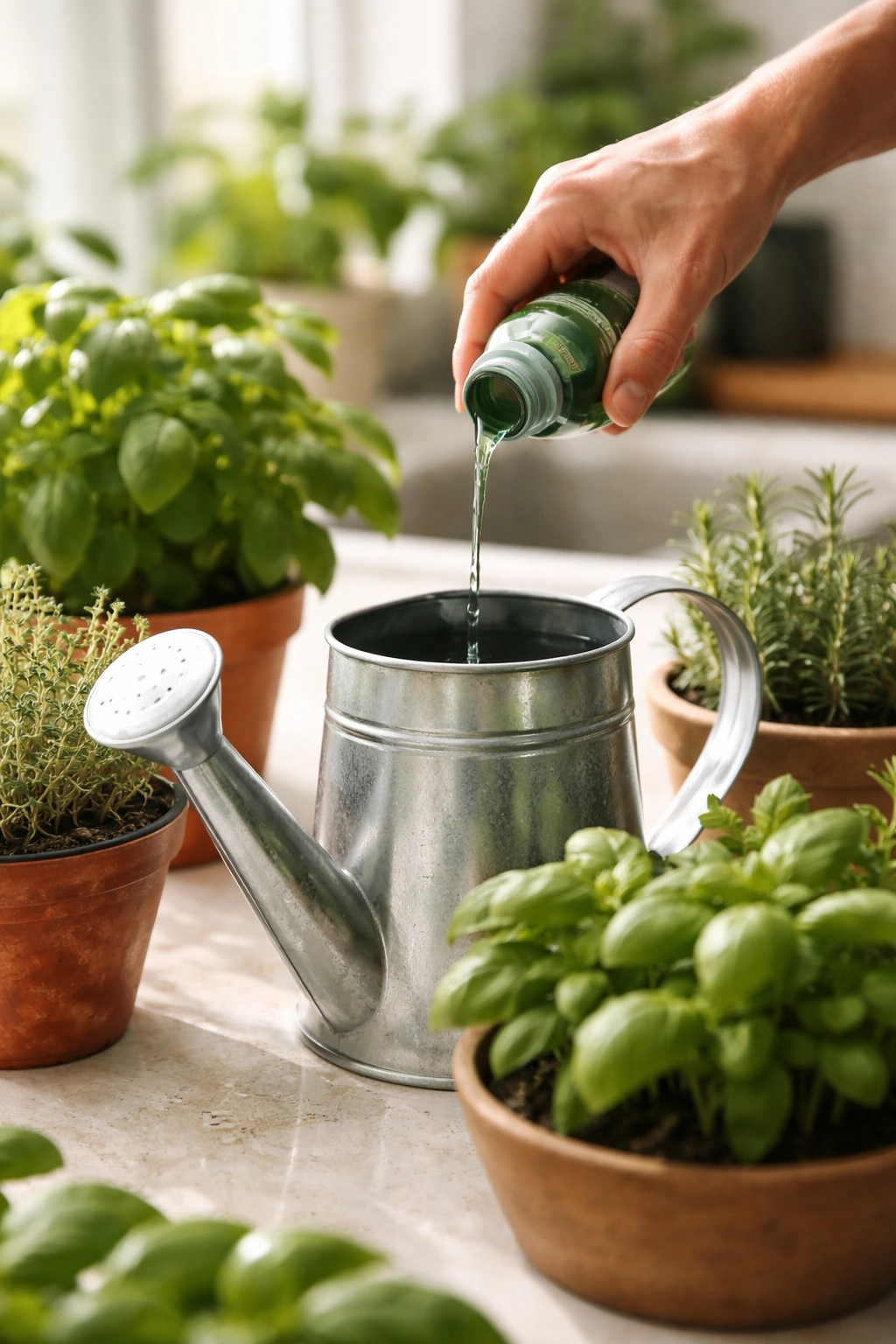Hand pouring liquid fertilizer into a watering can beside herb pots