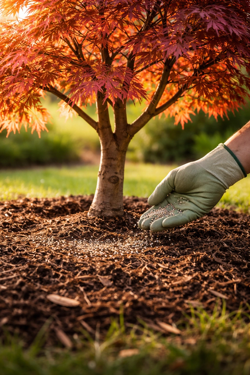 Close-up of Japanese maple being fertilized at the base with slow-release granules; mulch visible
