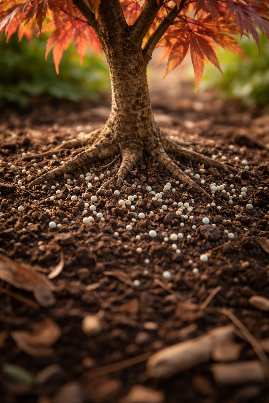 Close-up of soil with slow-release fertilizer granules around base of a young Japanese maple