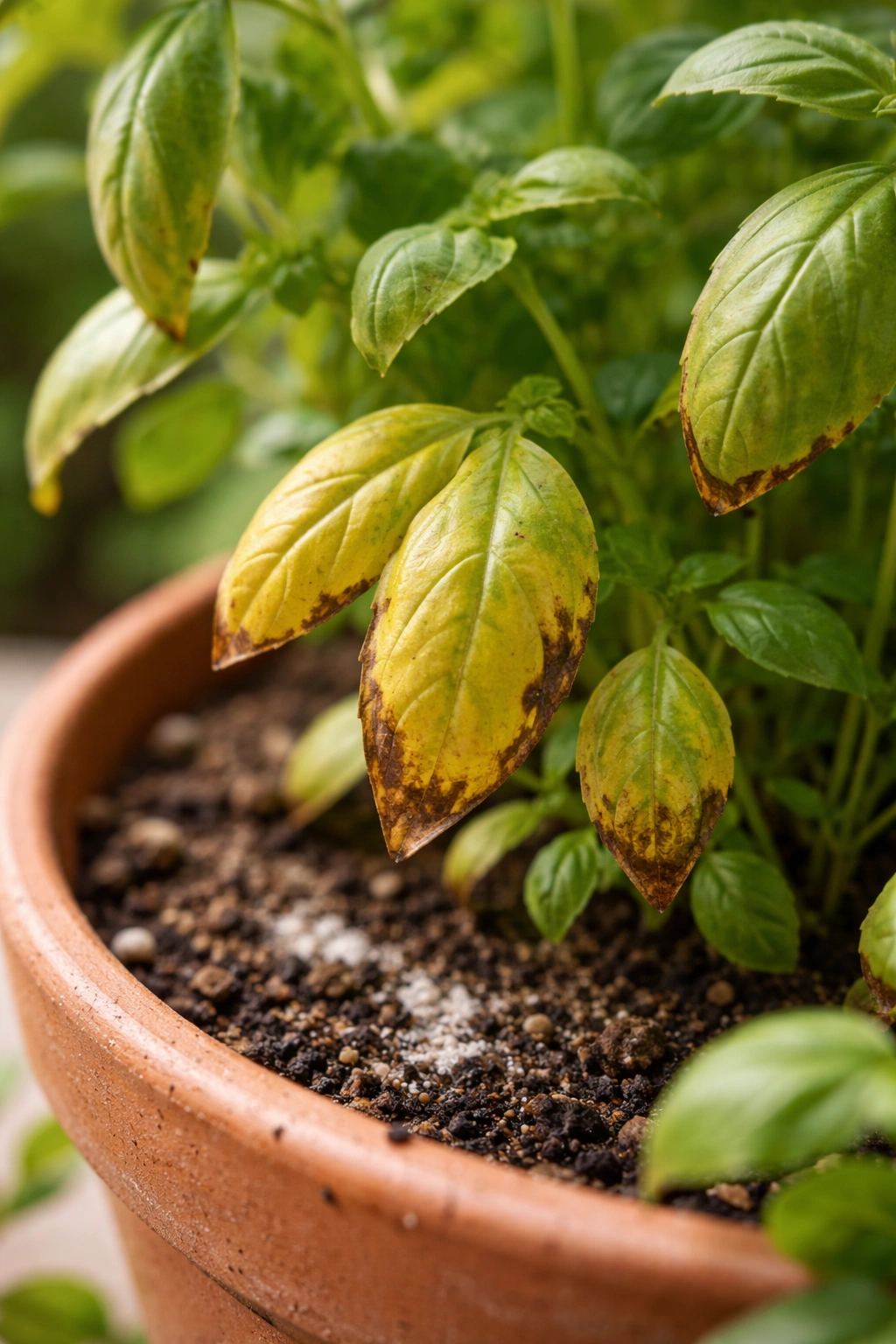 Herb leaves showing yellowing and brown tips due to over-fertilization