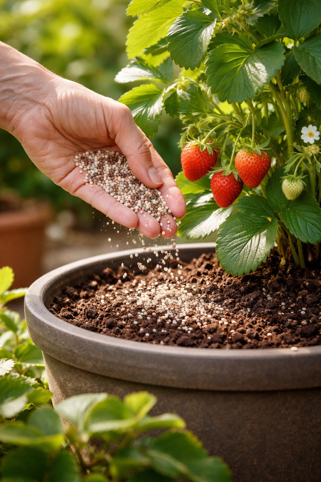 Hand applying fertilizer to a potted fruit plant