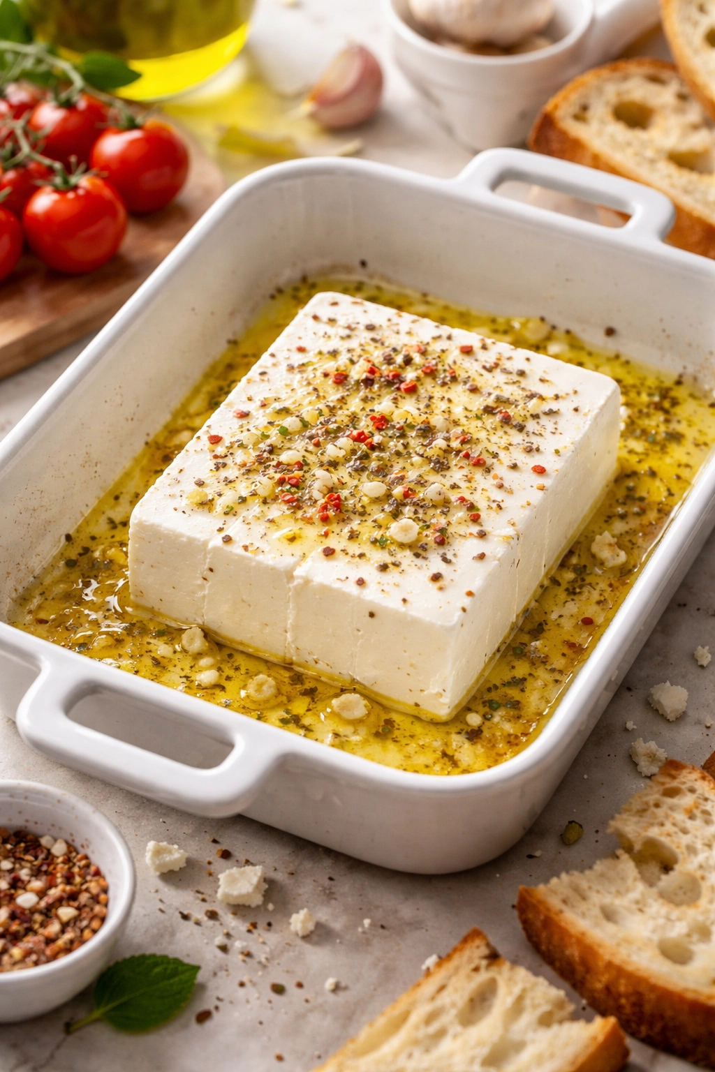 Cohesive block of feta in dish avoiding crumbling