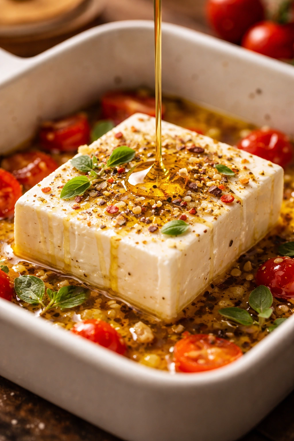 Block feta in olive oil ready to soften in the oven