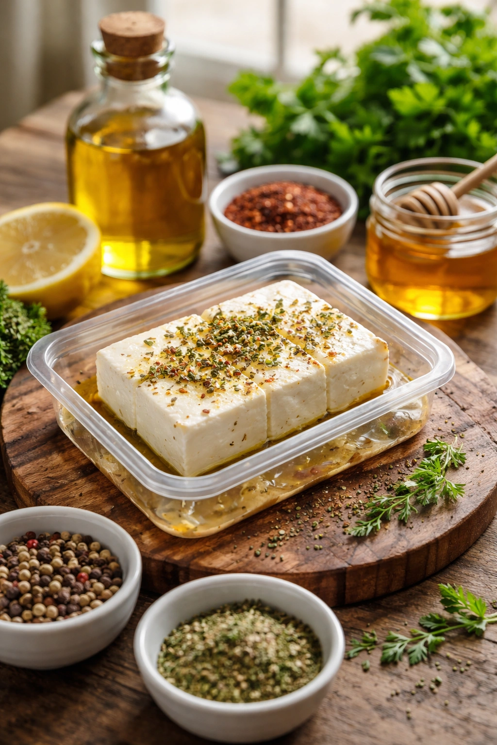 Block of brined feta cheese with olive oil on a wooden board