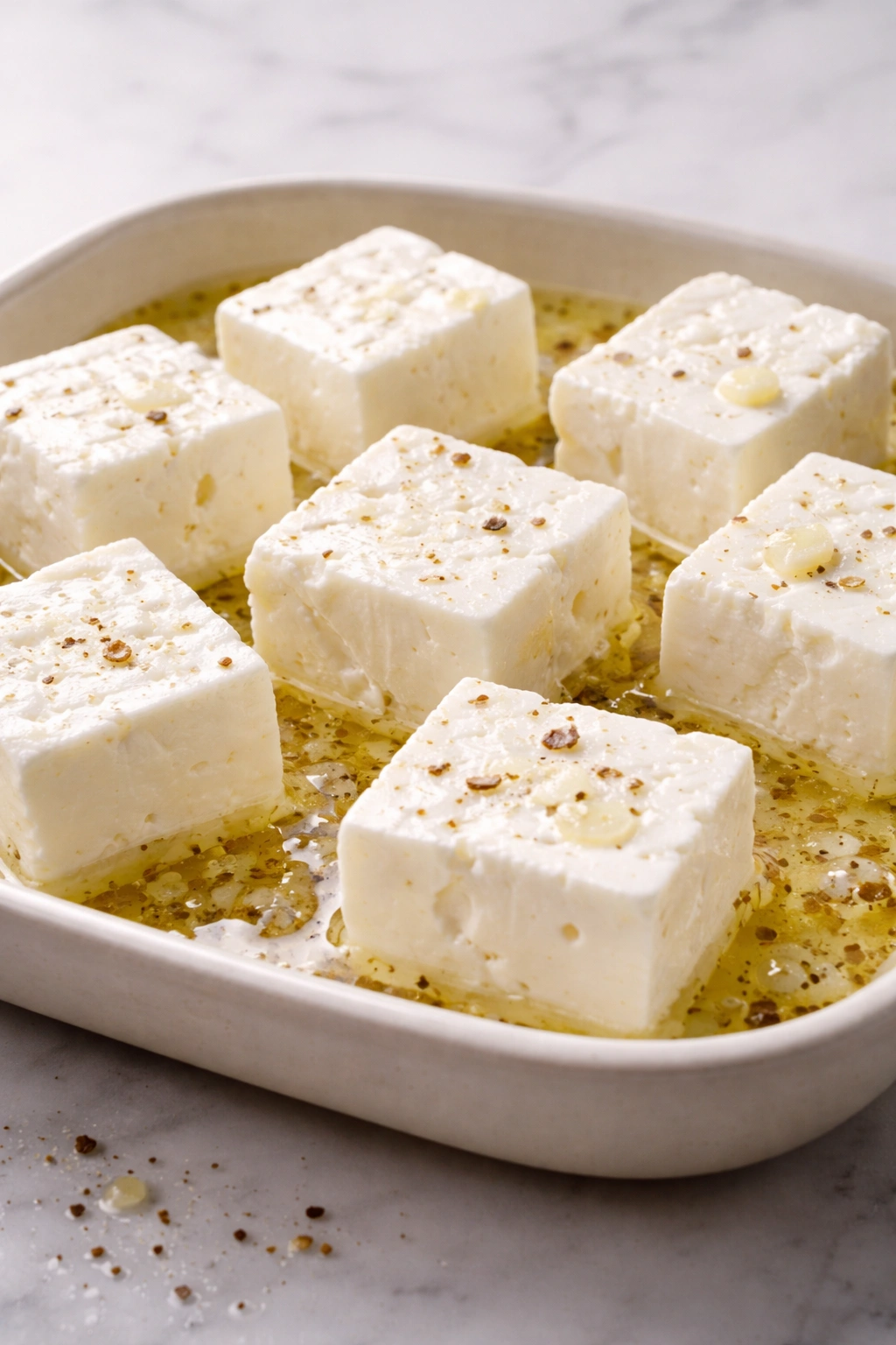 Thick feta cheese pieces in brine on a clean surface