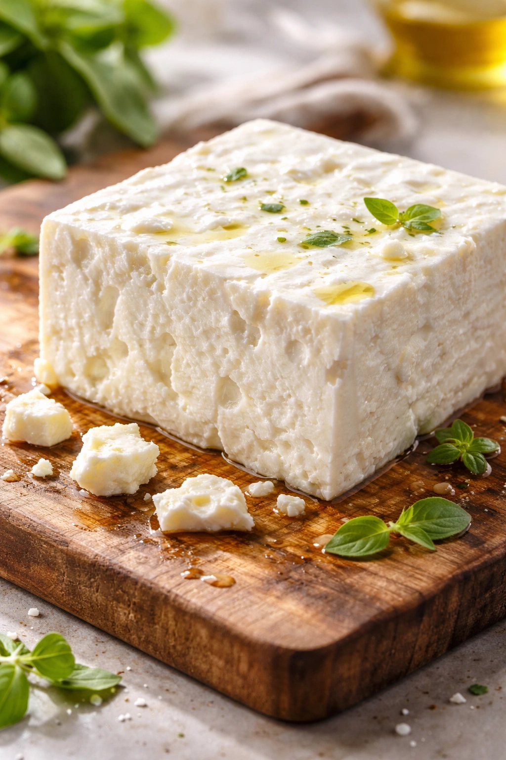 Brined feta block on a wooden board with visible texture