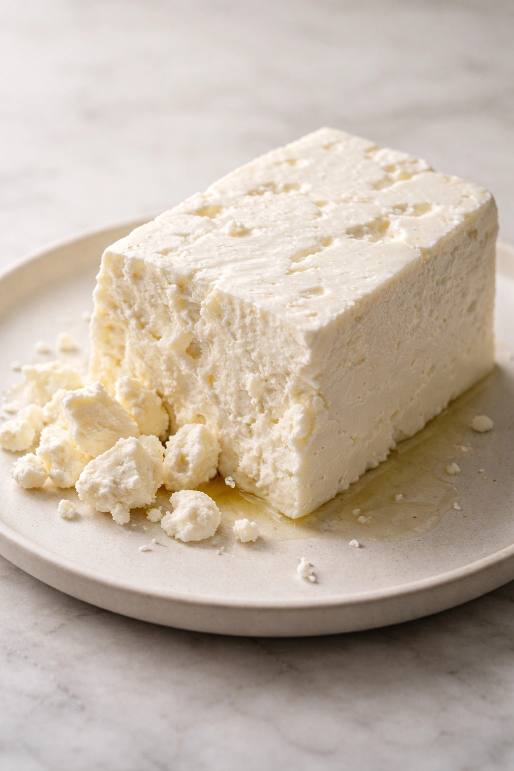 Crumbly feta wedge with creamy texture on plate