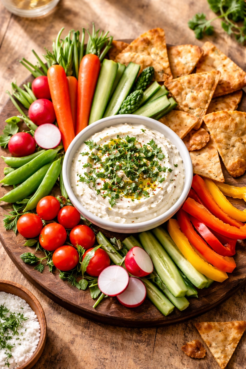 Whipped feta dip with herbs served with crudités and pita chips on a rustic board