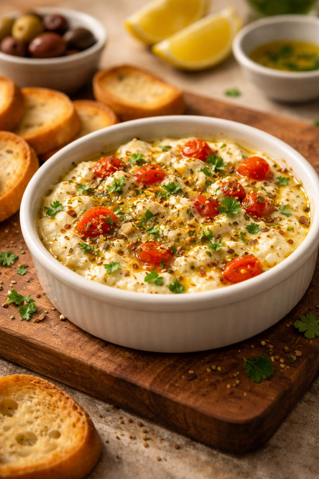 Creamy baked feta dip in a small dish with olive oil and herbs