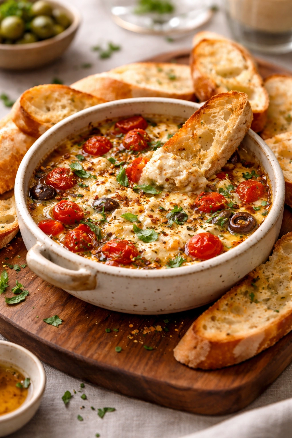 Warm feta dip in a rustic dish with crusty bread for dipping