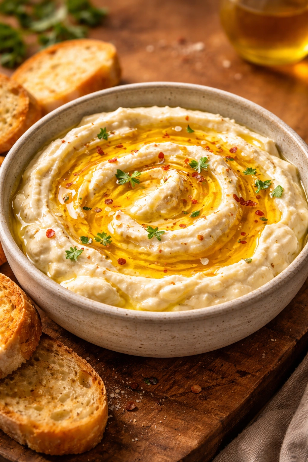 Creamy feta dip with honey drizzle and olive oil swirl