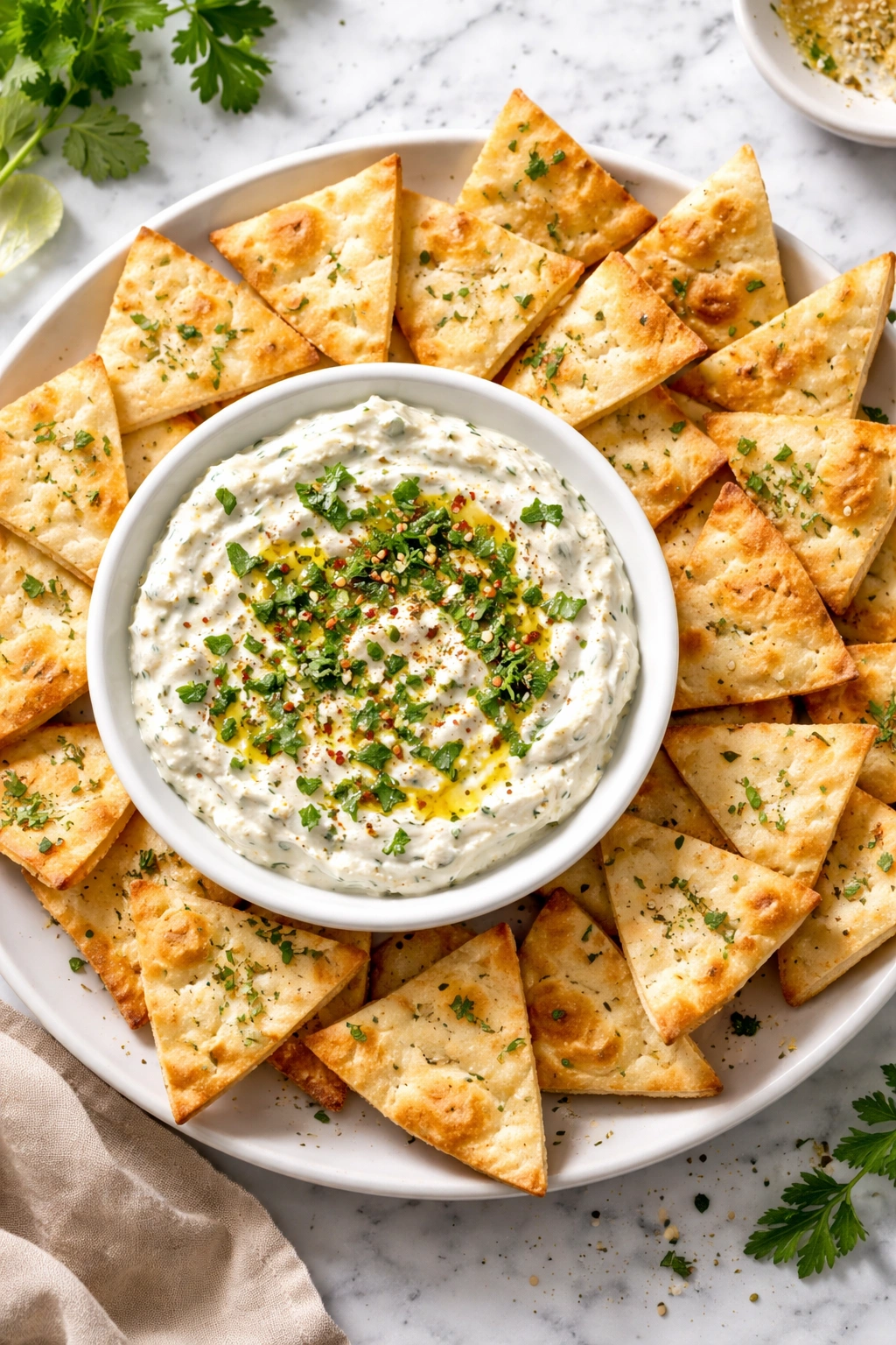 Creamy feta herb dip with pita chips on a plate