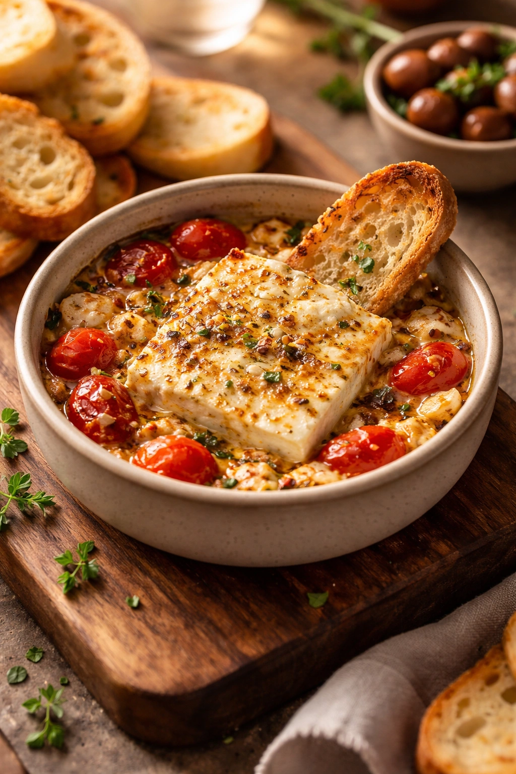Elegant plating of warm feta dip in a ceramic bowl